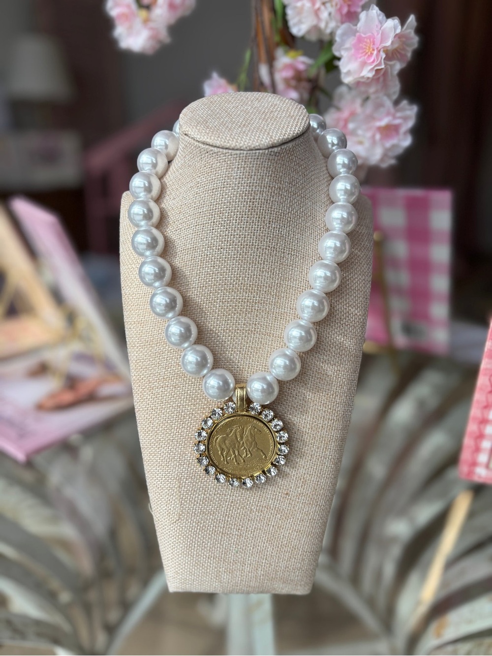 Yochi Large Pearl Necklace with Gold Horse Coin Pendant Handmade 22K Gold Plated